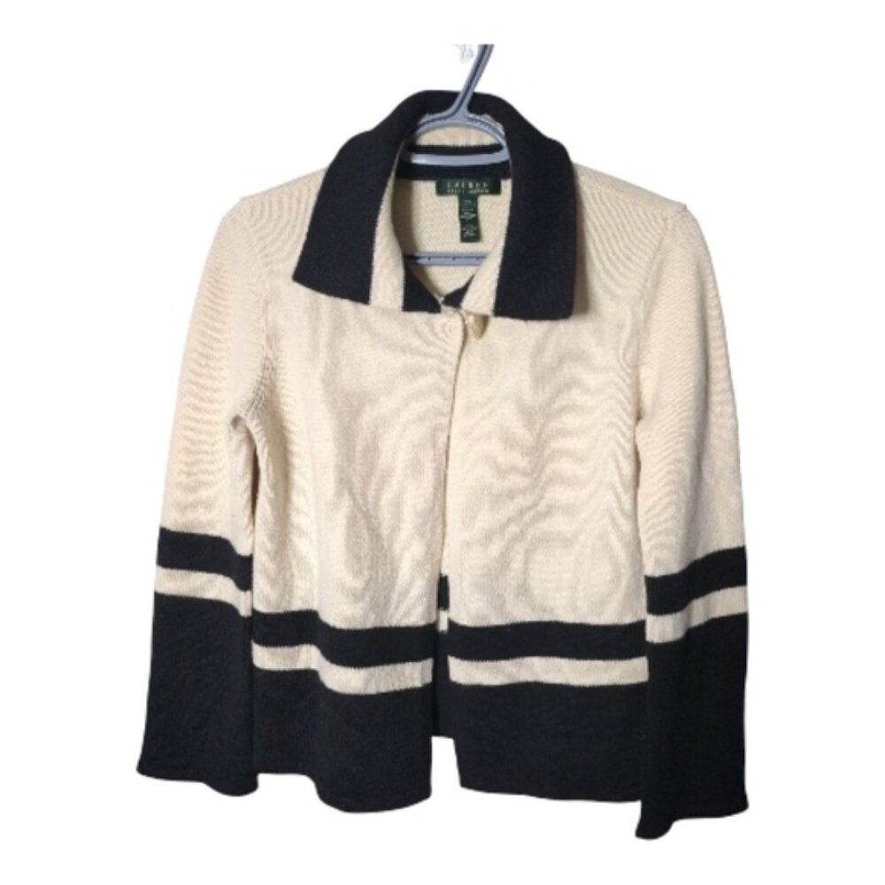 Vintage Lauren Ralph‎ Lauren 100% Wool Sweater Knit Cardigan Sz XS Colorblock